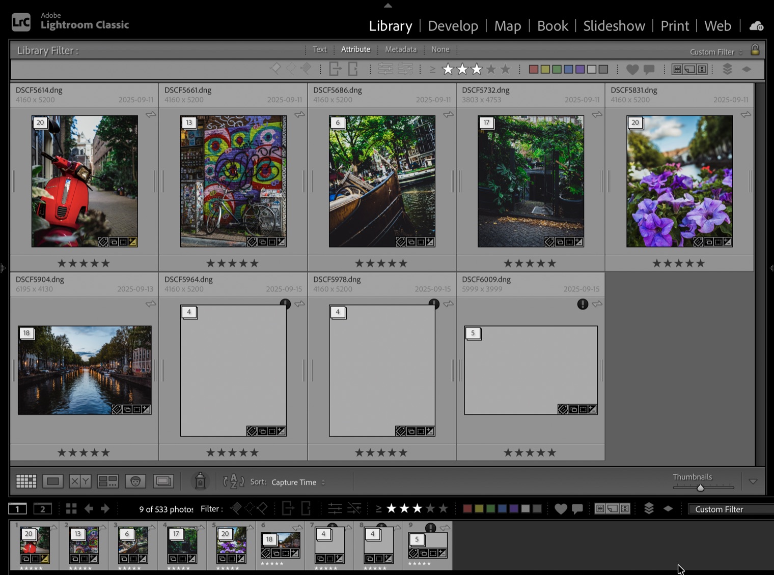 Lightroom grid with three photos showing as grey boxes, unable to render because the files are online-only placeholders
